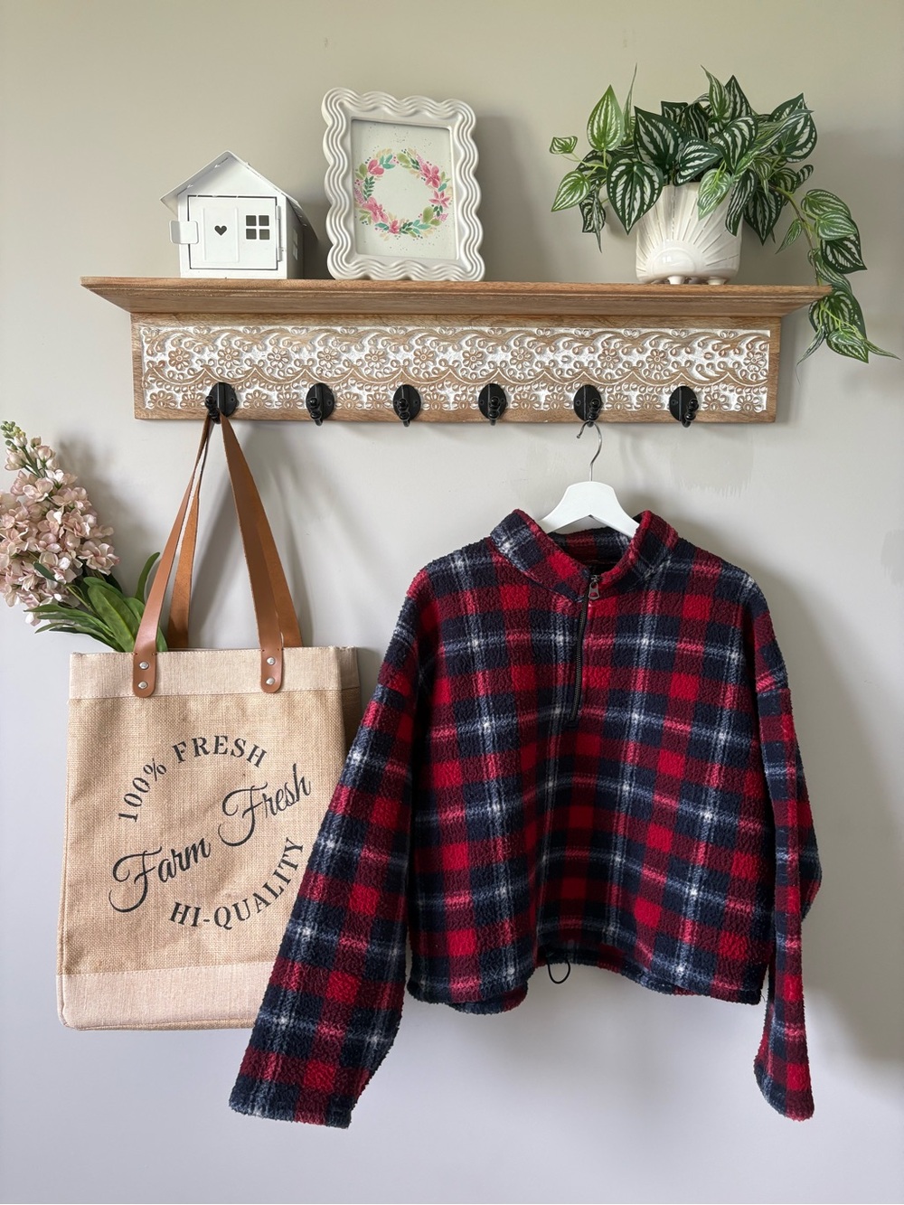 ✨ American Eagle Plaid Fleece Quarter-Zip — Red + Navy ✨